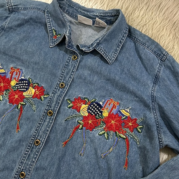 Bobbie brooks Christmas holiday denim cotton button down embroidered top… - Picture 3 of 6